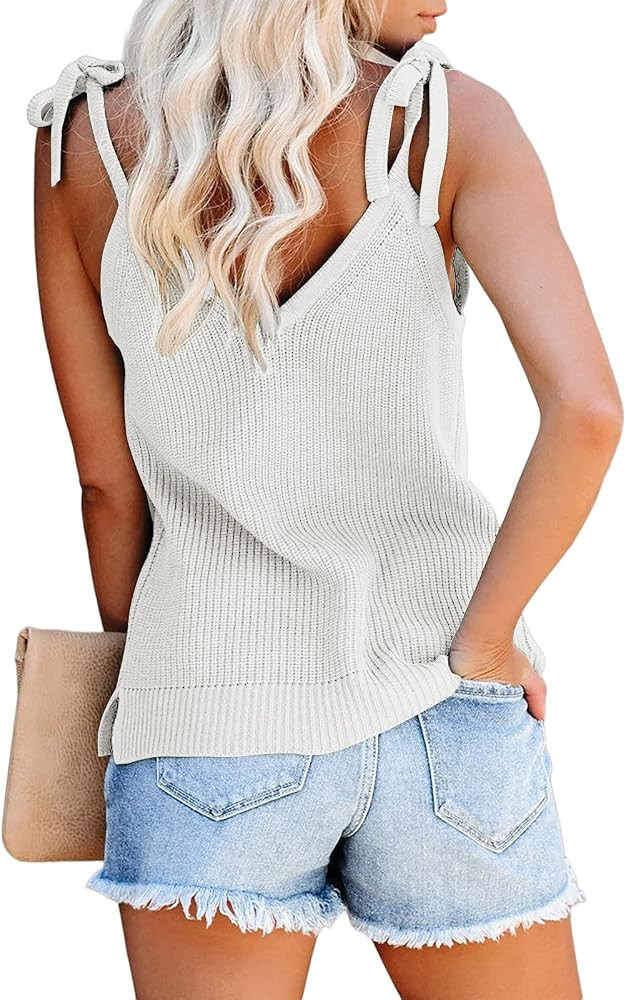 Women's V Neck Tank Tops Casual Sleeveless Tunic Shirts Basic Ribbed Tie Shoulder Strappy Knit Ca... | Amazon (US)