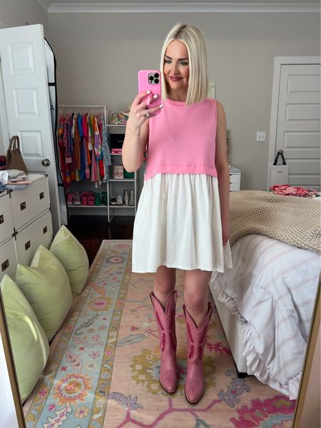 Pink color block dress (15% off with KELSIE15) / pink babydoll dress / pink western boots / girly country concert outfit / pink cowgirl boots
Size: XS 

#LTKSeasonal #LTKParties