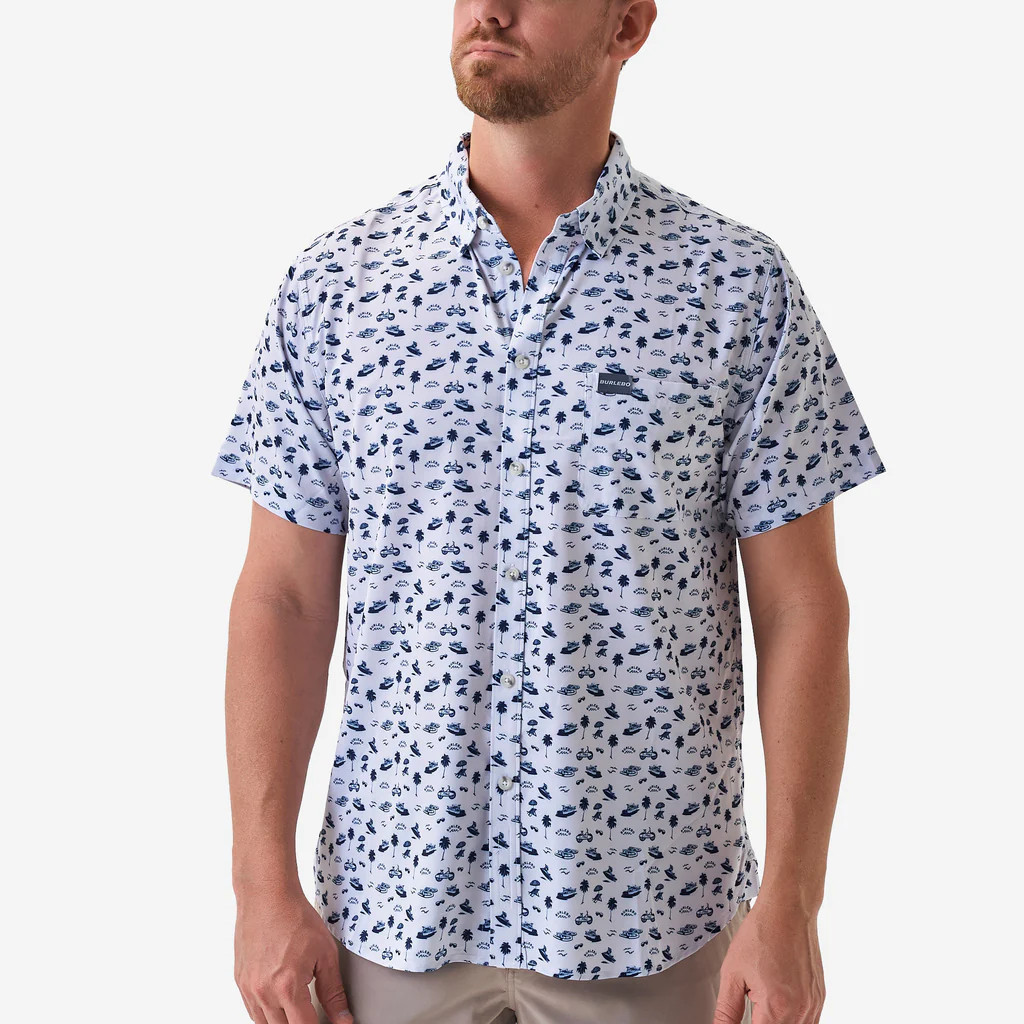 Performance Button Up - On The Water - Cream/Navy | BURLEBO