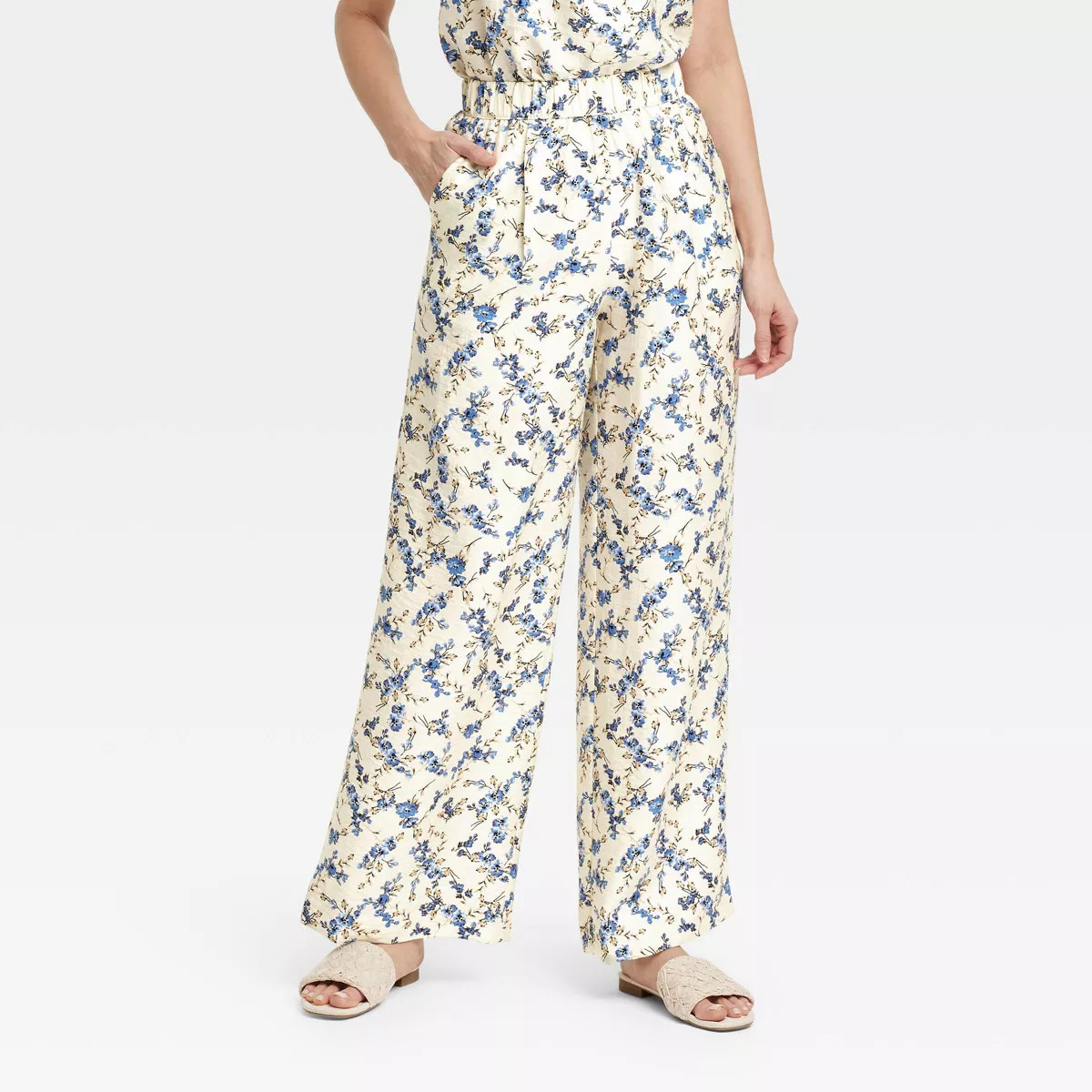 Women's High-Rise Wide Leg Pull-On Pants - A New Day™ Cream Floral | Target