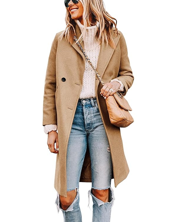Tanming Women's Notch Lapel Double Breasted Wool Blend Mid Long Pea Trench Coat | Amazon (US)