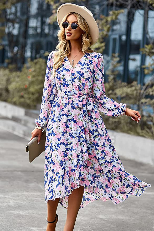 PRETTYGARDEN Women's Floral Print Boho Dress Long Sleeve Wrap V Neck Ruffle Belted A-Line Flowy M... | Amazon (US)