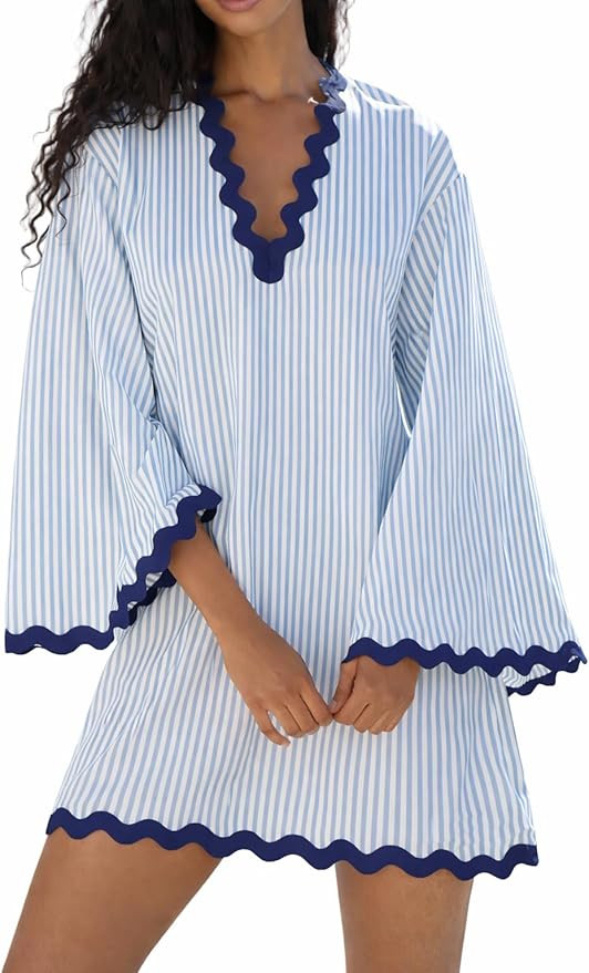 VAOYIU Women's Boho Striped V-Neck Dress Flowy Bell Sleeves Cover Up with Wavy Trim Beach Resort ... | Amazon (US)