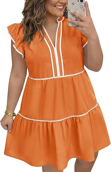 Beautife Womens Plus Size Dresses Summer Ruffle Short Sleeve V Neck Dress Casual A Line Babydoll ... | Amazon (US)