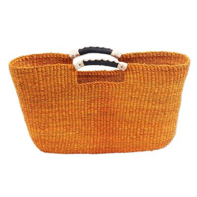Woven Raffia Handle Handbag in Orange | NOVICA