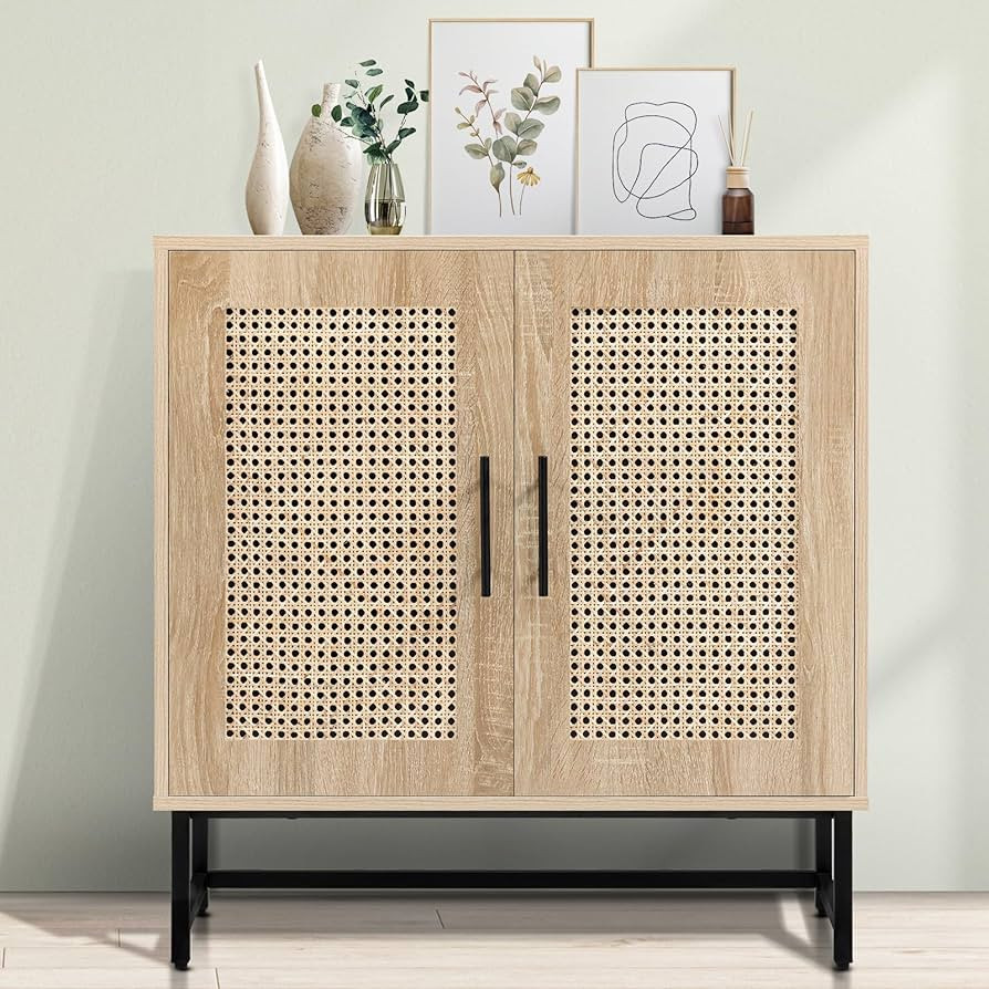 Amazon.com: KFO Storage Cabinet with Handmade Natural Rattan Doors, Rattan Cabinet Sideboard Buff... | Amazon (US)