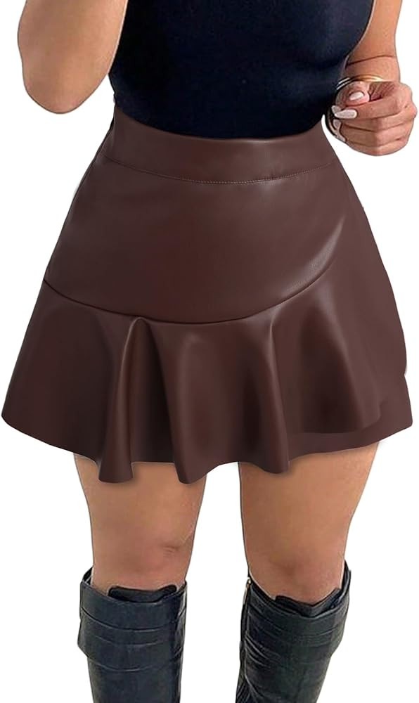PU Leather Shorts for Women High Waisted Split Hem Mini Skort Bodycon Skirts | Amazon (US)