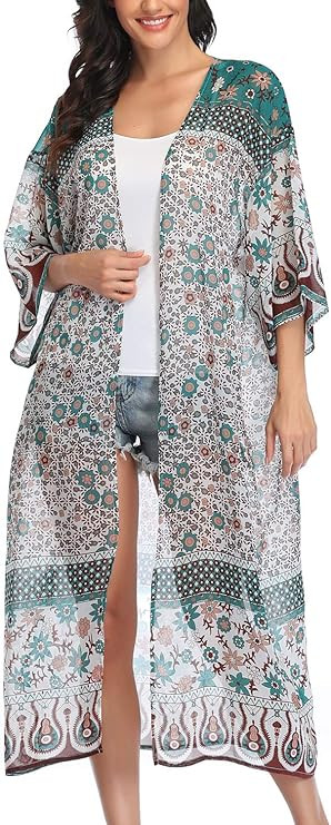 Women's Long Sheer Floral Kimono Cardigan, Chiffon Bikini Beach Cover up, Summer Blouse Loose Top... | Amazon (US)