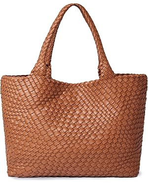 Woven Shoulder Bag for Women, Fashion Top Handle Soft Vegan Leather Shopper | Amazon (US)