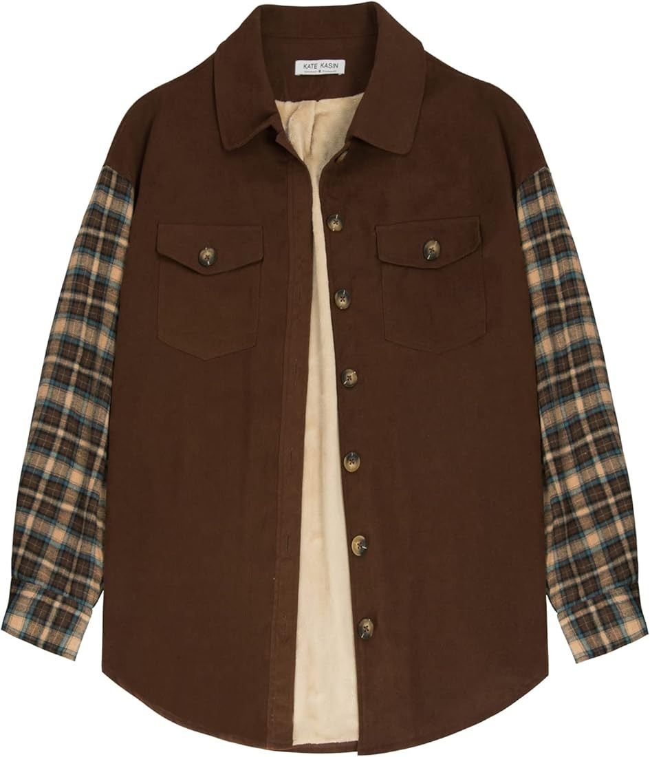 Kate Kasin Women Corduroy Plaid Long Sleeve Button Down Shirt Jacket Fleece Lined Lapel Pocketed Sha | Amazon (US)