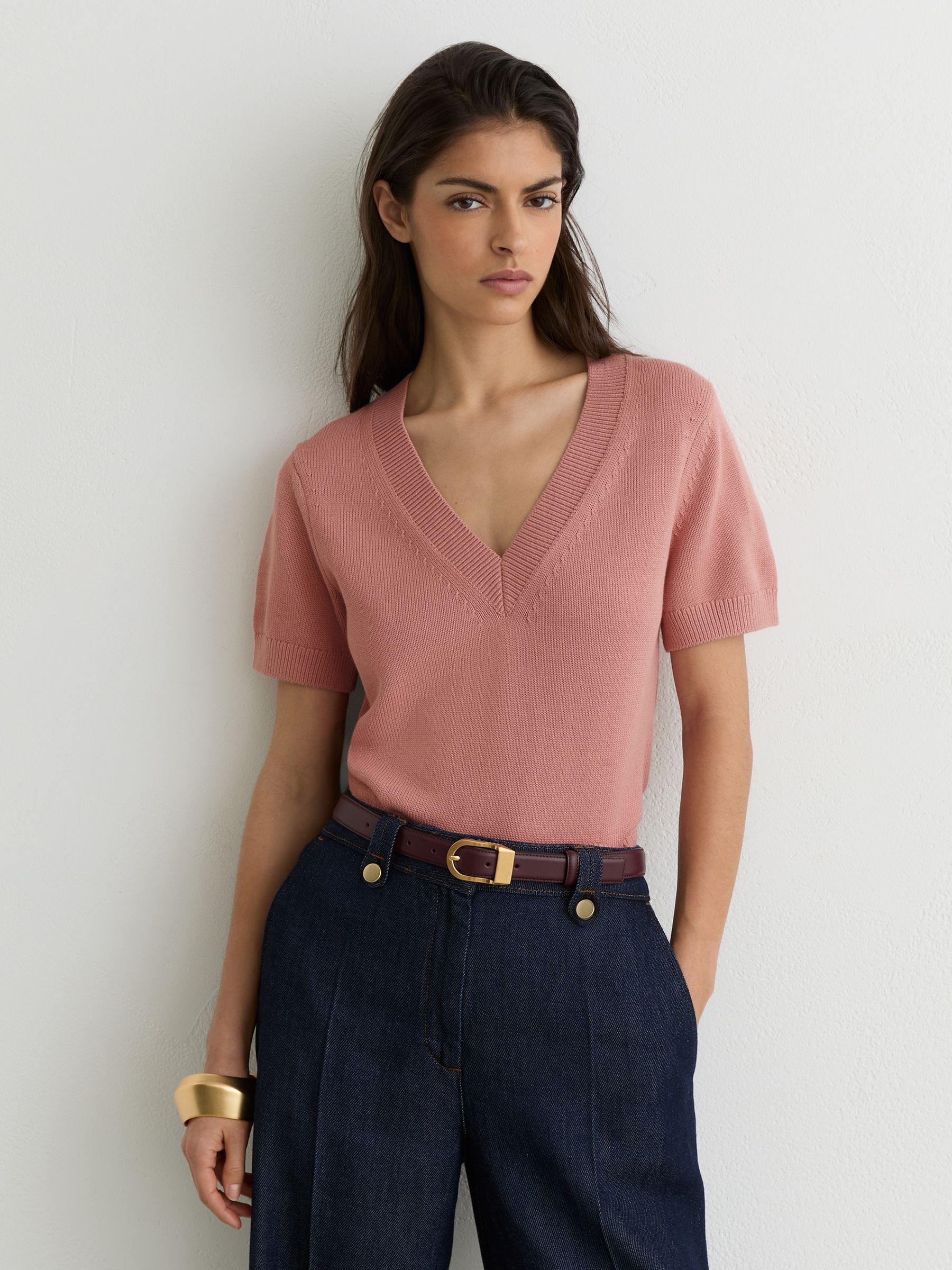 Cotton-Wool Knit V-Neck Top in Pink | Reiss UK