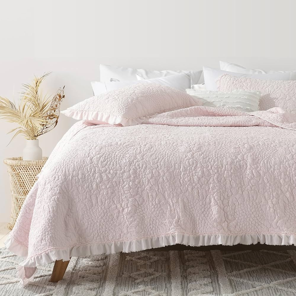 HORIMOTE HOME Pink Ruffled Quilt Queen Size, Stone-Washed Microfiber Lightweight Crinkled Farmhou... | Amazon (US)