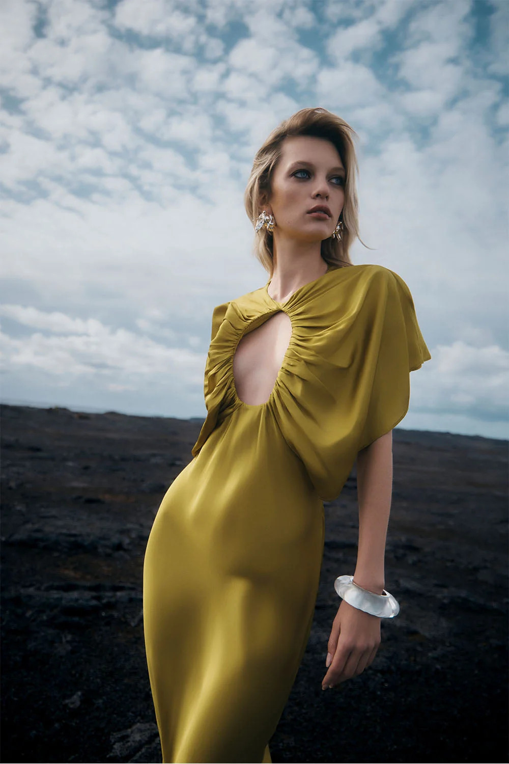 Mona Cut Out Satin Midi Dress - Chartreuse | MESHKI US