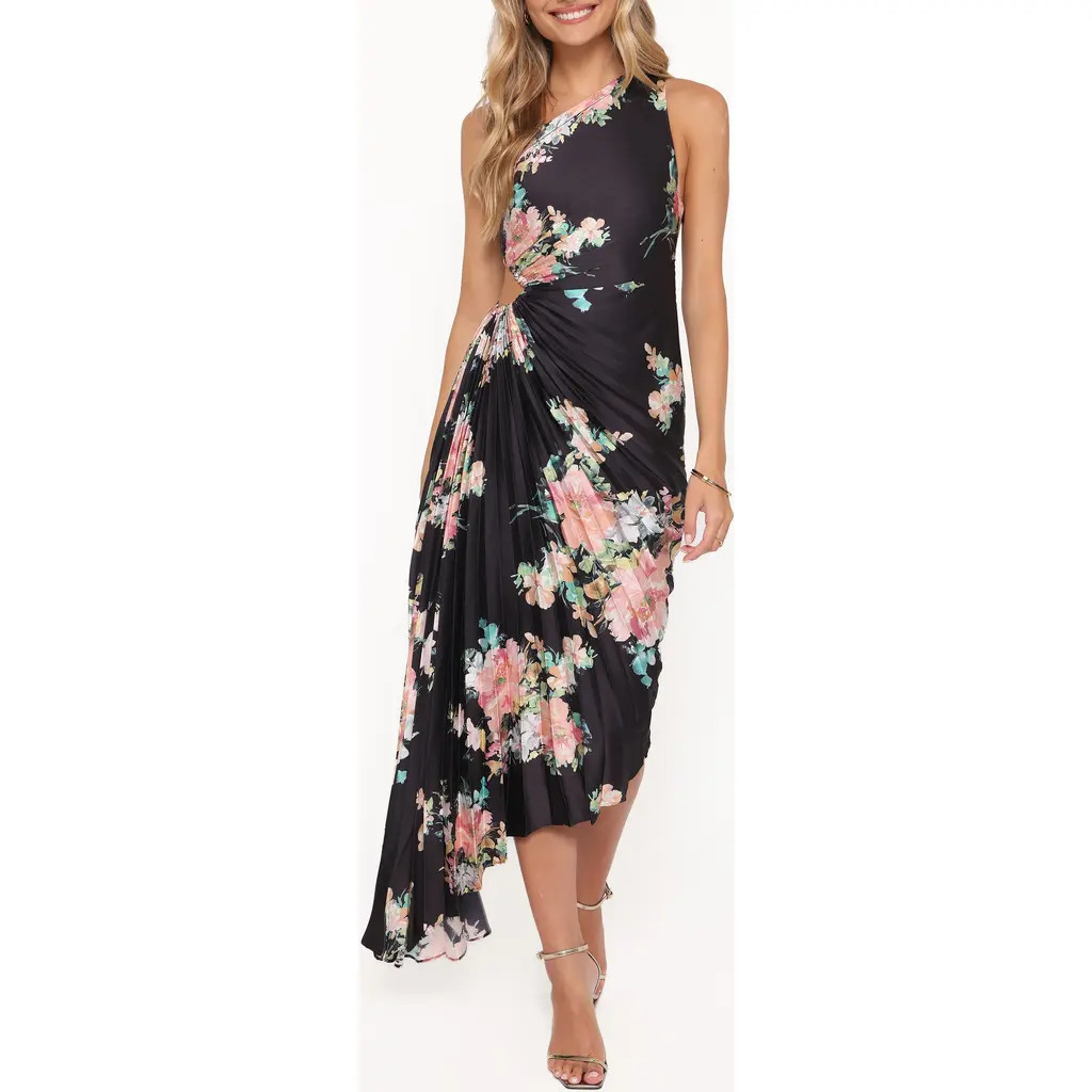 Petal & Pup Kleo Pleated One-Shoulder Maxi Dress in Black Floral at Nordstrom, Size Large | Nordstrom