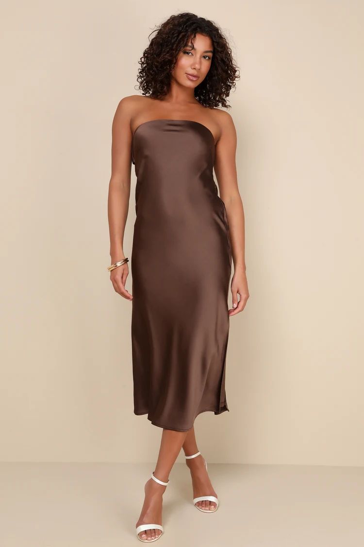 Effortless Bliss Dark Brown Satin Strapless Cowl Back Midi Dress | Lulus