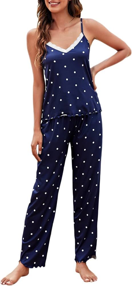 Verdusa Women's 2 Piece Polka Dots Lace Cami Top and Pants Sleepwear Pajama Set | Amazon (US)