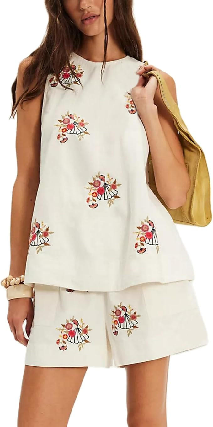 Women Y2k Pajama Set Sleeveless Floral Embroidery Babydoll Top with Elastic Waist Shorts 2 Pcs Lo... | Amazon (US)