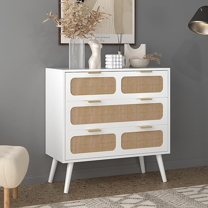 3 Drawer Dresser, Modern Rattan Dresser Chest with Wide Drawers and Metal Handles, Farmhouse Wood... | Amazon (US)