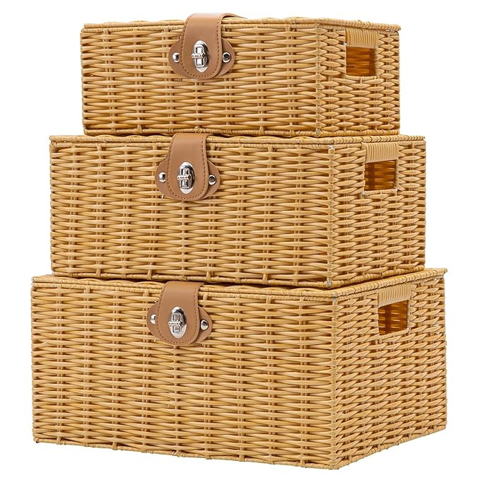 Wicker Storage Baskets with Lids, Set of 3 Decorative Storage Boxes For Organizing, Woven Baskets... | Amazon (US)