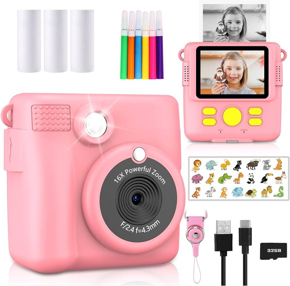 Radekly Instant Print Camera for Kids,Christmas Birthday Gifts for Age 3-12 Girls Boys，1080P HD... | Amazon (US)