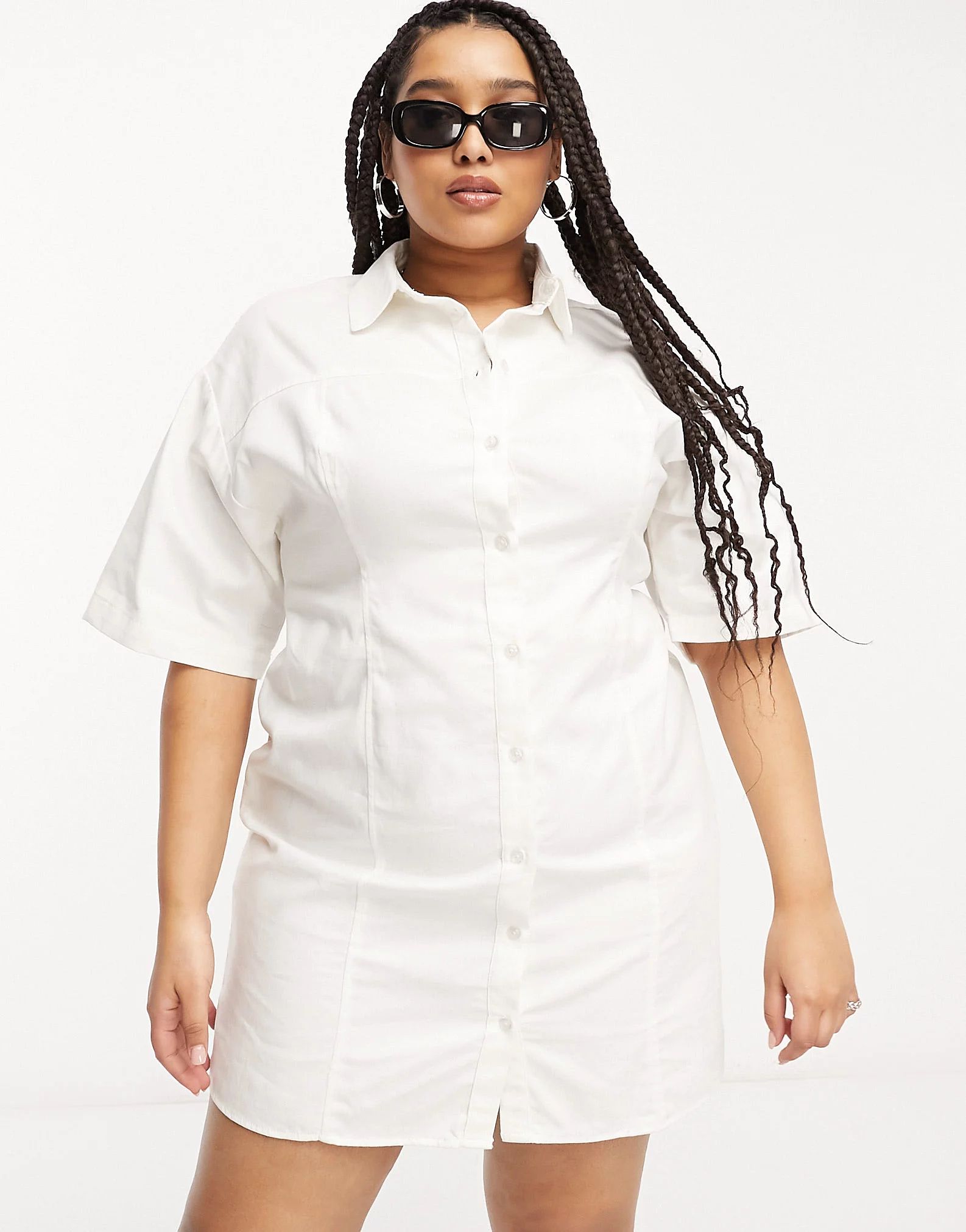 ASOS DESIGN Curve twill mini shirt dress in white | ASOS (Global)
