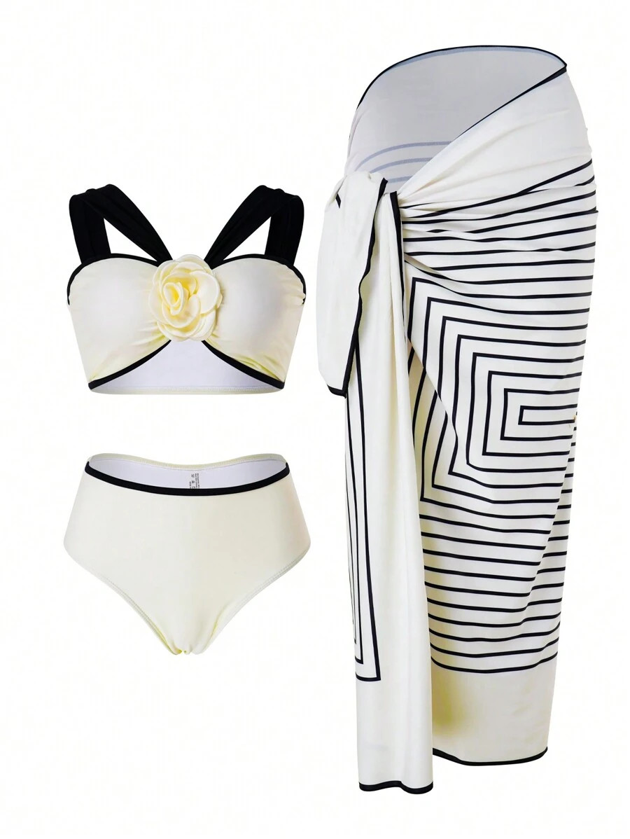 SHEIN Swim Oasis Women's Summer Beach Bikini Set With 3D Flower Decoration, Striped Skirt | SHEIN