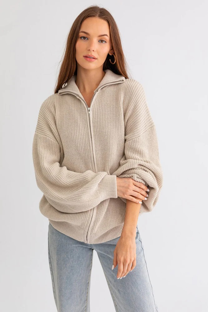 Taupe Oversized Zip Up Cardigan | PinkBlush Maternity