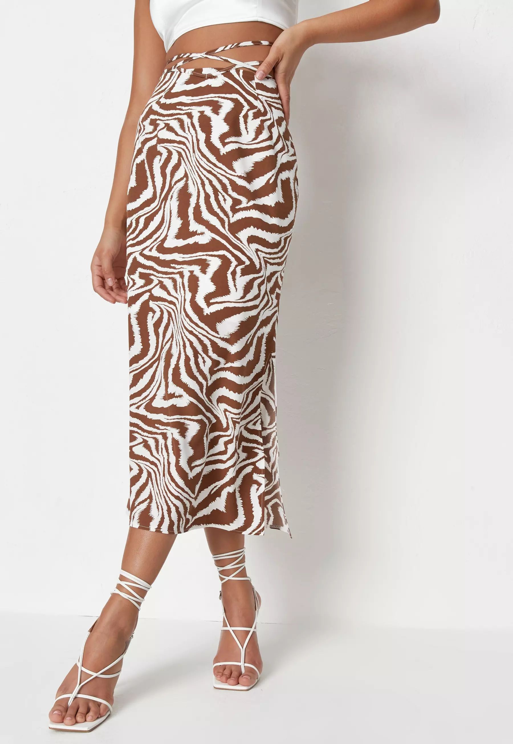Petite Brown Zebra Print Tie Waist Midi Skirt | Missguided (UK & IE)
