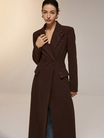 Poéselle Extra Long Brown Suit Jacket,Women's Solid Color Lapel Collar Double-Breasted Long Eleg... | SHEIN