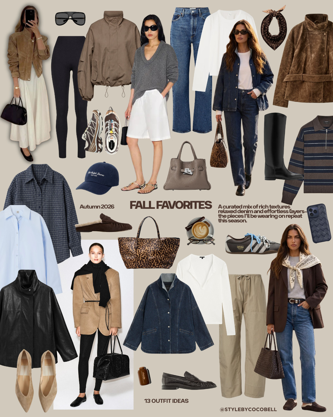 Fall favorites 🤎 13 outfit ideas for the season featuring denim, suede, leather, animal print, zebra print, athleisure, leggings, Salomon XT-6 sneakers, fall jackets, relaxed tailoring, knits, ballet flats, loafers, wide-leg jeans and easy everyday layers.