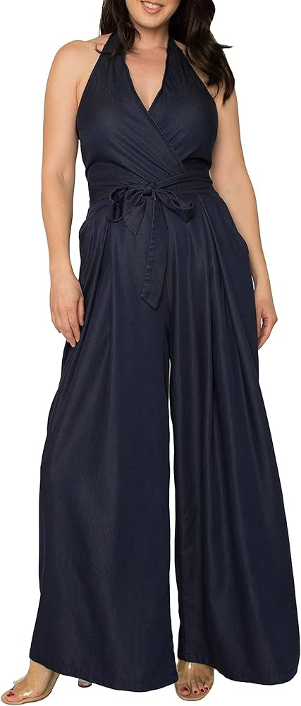 Standards & Practices Women's Deep V-Neck Halter Backless Indigo Tencel Wide Leg Jumpsuit | Amazon (US)