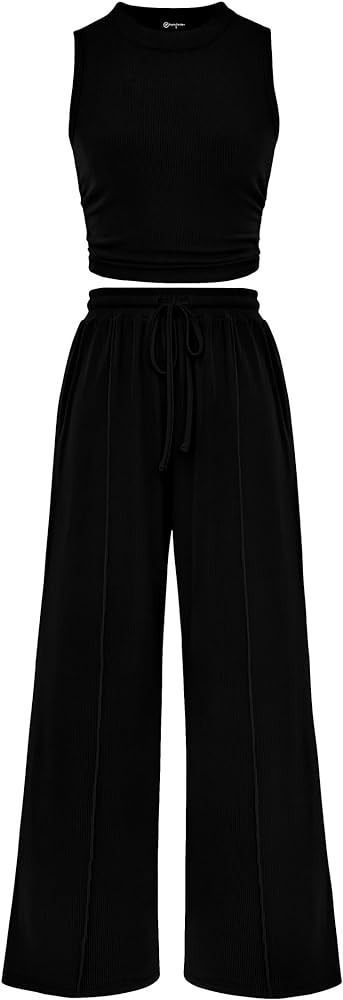 PRETTYGARDEN Women's Summer 2 Piece Outfits Ribbed Knit Lounge Sets Tracksuit Sleeveless Crop Tan... | Amazon (US)