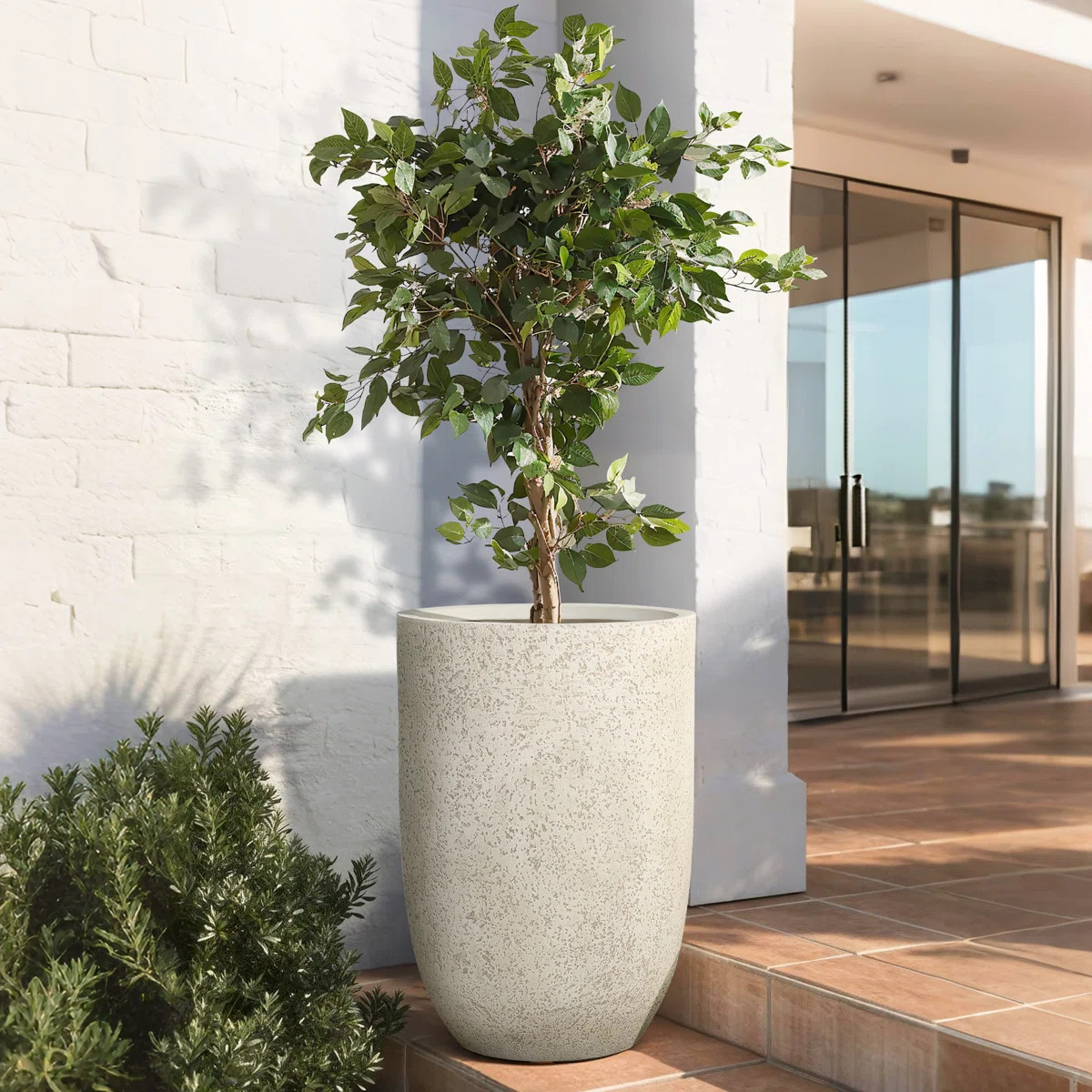 23.5" Tall Round Tapered Planter, Travertine Stone Finish, Garden Pot | Wayfair North America