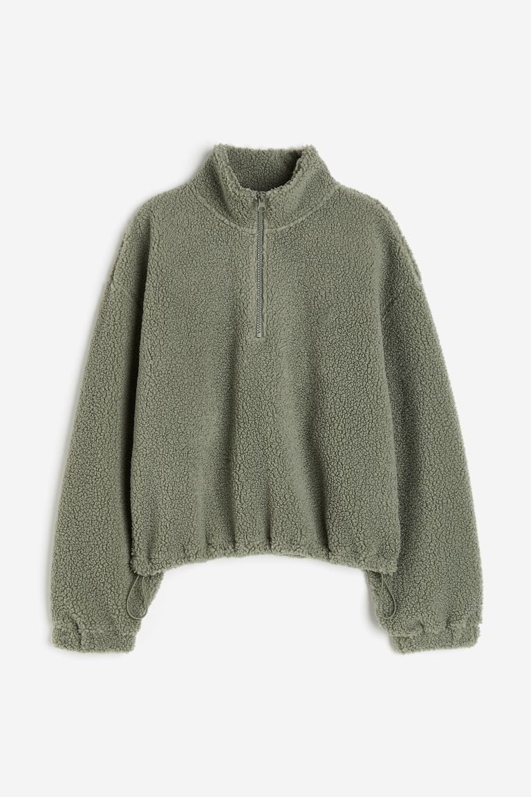 Half-zip Teddy Fleece Sweatshirt - Khaki green - Ladies | H&M US | H&M (US + CA)