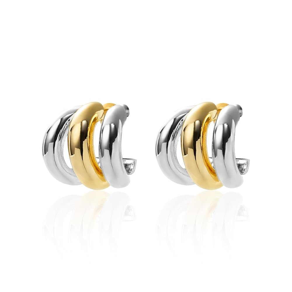 Silver and Gold Triple Hoops Earrings for Women Trendy Two Tone Hoop 18K Chunky Gold Earrings | Amazon (US)