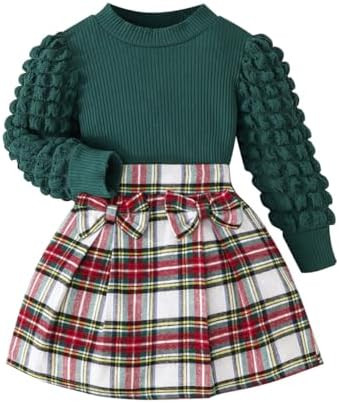 Noubeau Toddler Girls Plaid Outfits Girls Puff Sleeve Knit Ribbed Shirt Tops Plaid Skirt Set Kids... | Amazon (US)