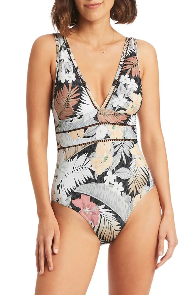 Sea Level Calypso Floral Print Ladder Stitch One-Piece Swimsuit | Nordstrom | Nordstrom