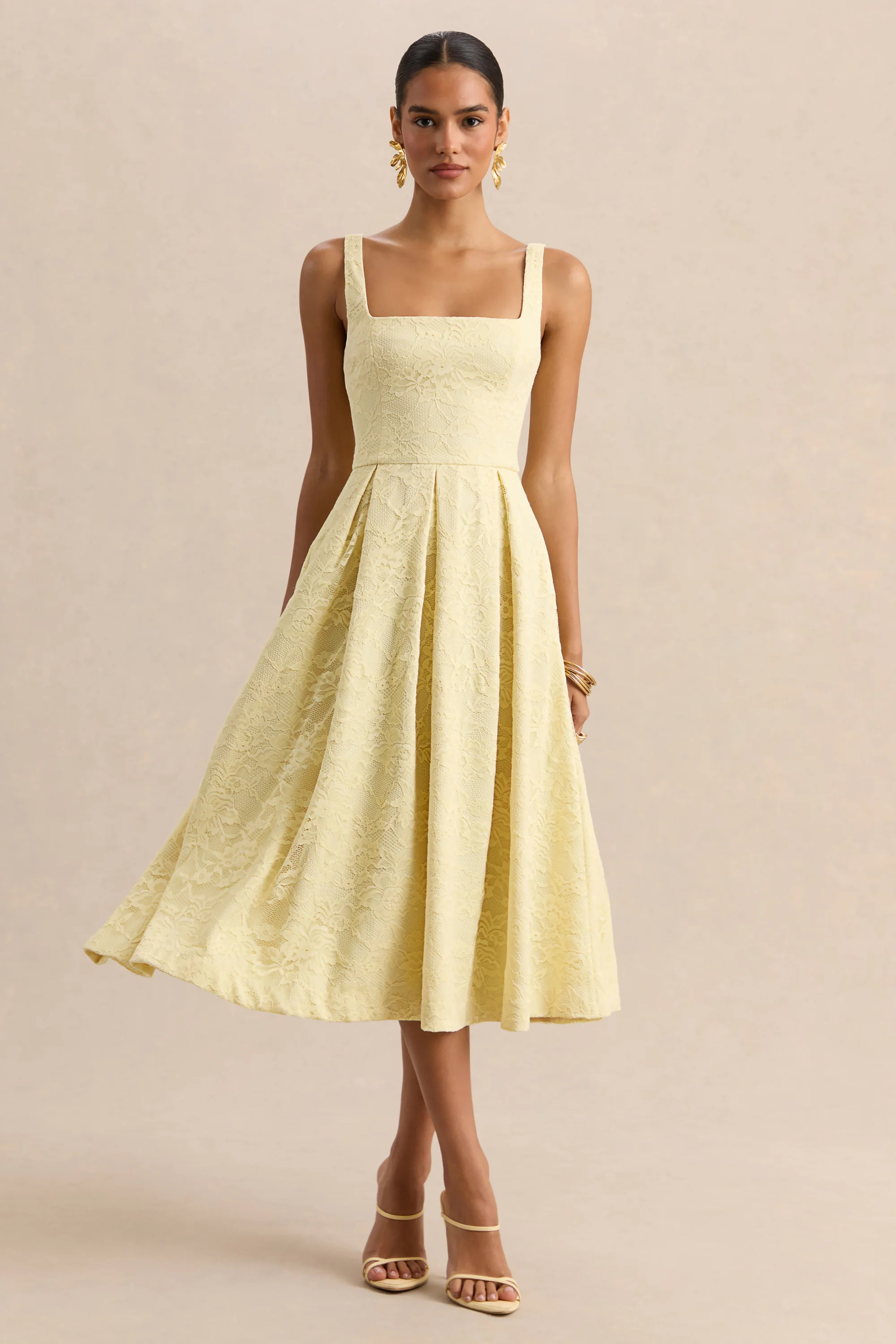 Ashmara | Lemon Lace Square-Neck Midi Dress | Club L London