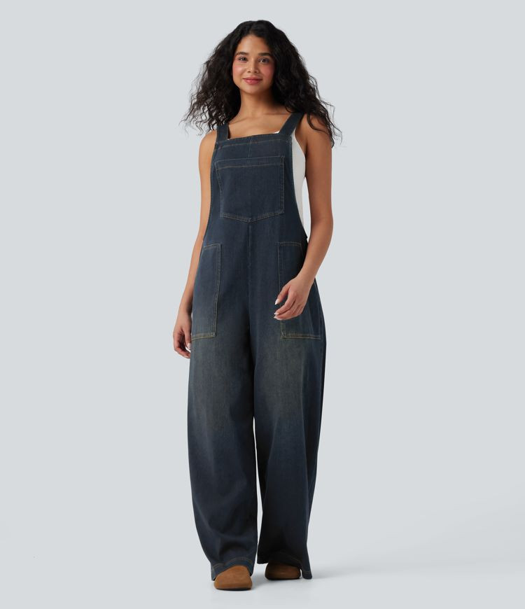 Women’s Halara Flex™ Square Neck Washed Denim Casual Overalls with Pockets - Halara | HALARA