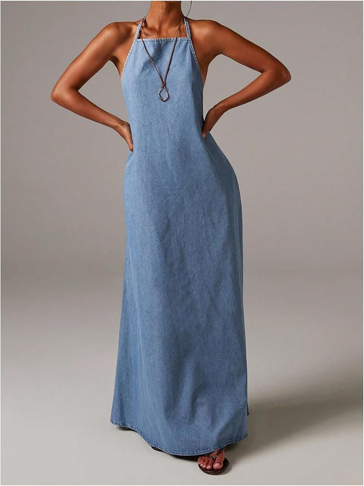 WDIRARA Women's Halter Denim Maxi Dress Sleeveless Tie Backless A Line Cami Dresses with Pockets | Amazon (US)
