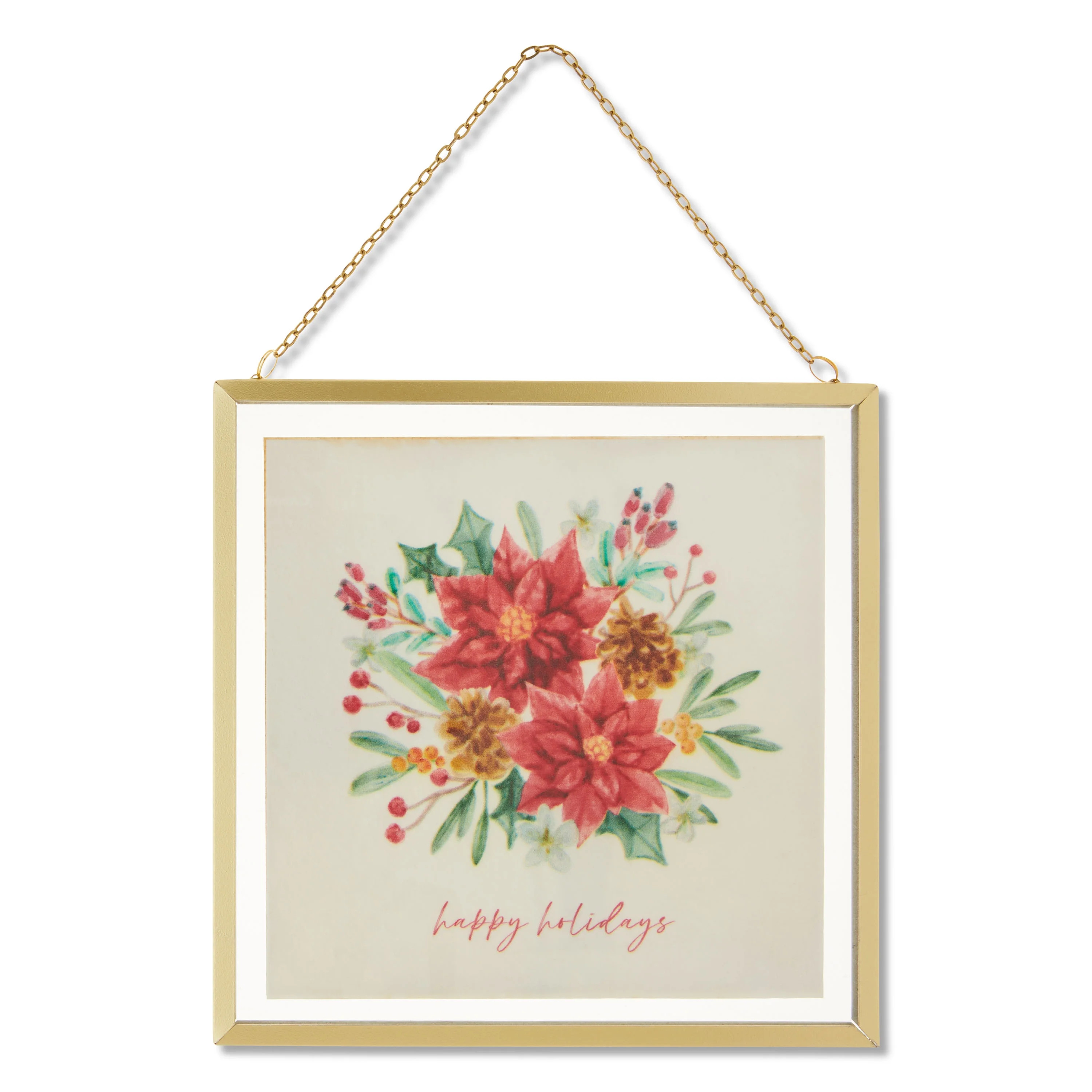 Poinsettia and Deer Print Farmhouse Christmas Hanging Decor, Red and Gold, 8" x 8", by Holiday Ti... | Walmart (US)