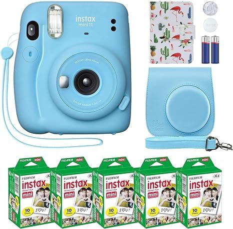 Fujifilm Instax Mini 11 Instant Camera Sky Blue + Custom Case Fuji Film Value Pack (50 Sheets) Fl... | Amazon (US)