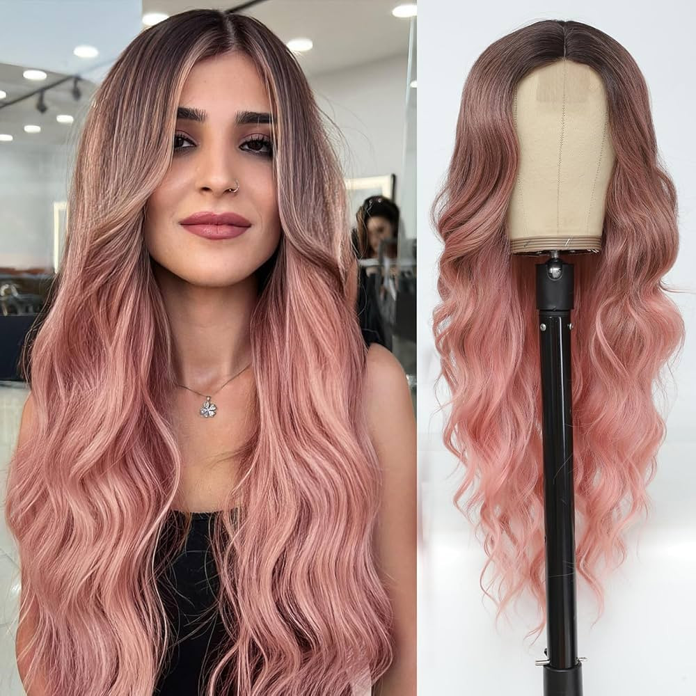 NAYOO Long Wavy Wigs for Women Middle Part Ombre Pink Wig with Dark Roots Synthetic Heat Resistan... | Amazon (US)