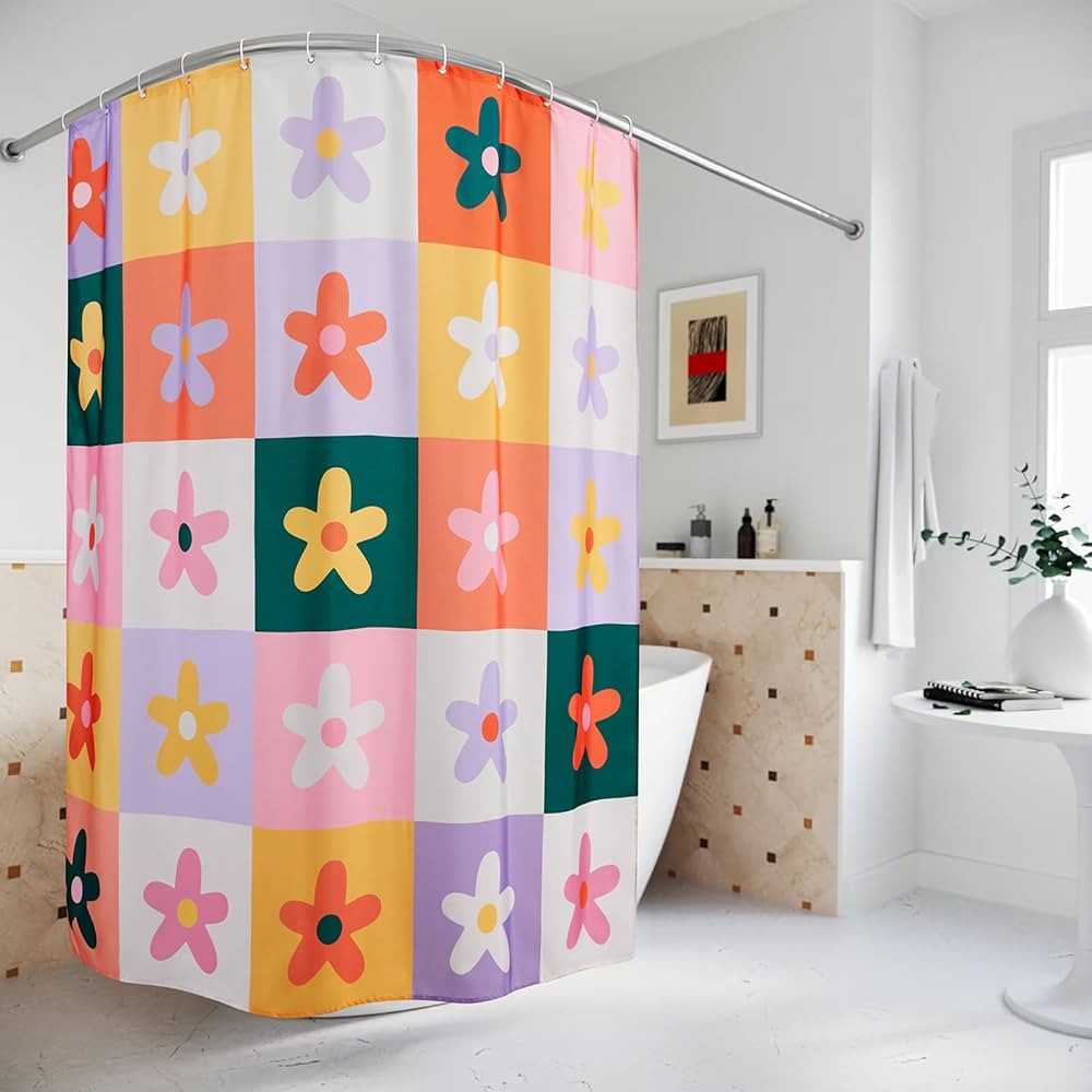 Retro Flower Checkered Shower Curtain Aesthetic Funky Bathroom Decoration, Mid Century Modern Gro... | Amazon (US)