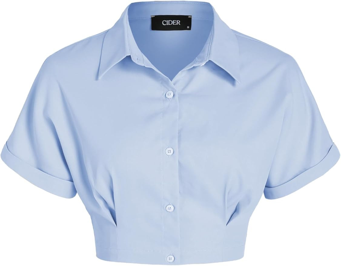 Short Sleeve Blouses for Women Green Crop Tops Womens Summer Tops Collar Button Down Blouse | Amazon (US)