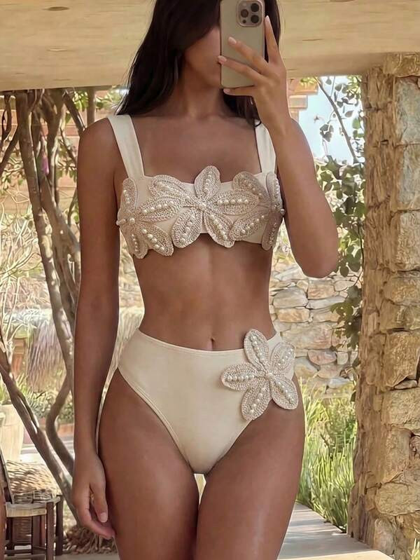 -36%Bonvoyette New Floral Decor Solid Color Pearl Accent Wide Strap Bikini Set, Fashionable Sexy ... | SHEIN