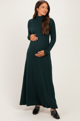 Hunter Green Turtleneck Long Sleeve Maternity Maxi Dress | PinkBlush Maternity