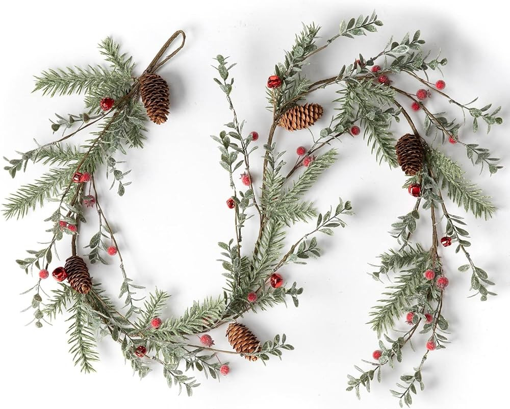 LOHASBEE Artificial Christmas Garland, 5 Feet Pine Cone Boxwood Garland with Red Berries, Bells G... | Amazon (US)