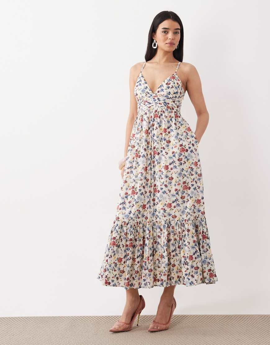 Abercrombie & Fitch v neck flowy maxi dress with built in bra in floral print-White | ASOS (Global)