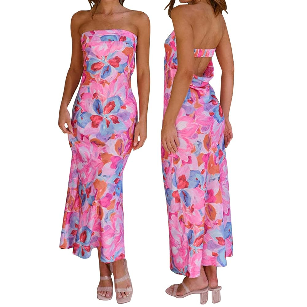 Women's Sexy Satin Tube Maxi Dress Elegant Silk Strapless Open Back Party Cocktail Wedding Guest ... | Amazon (US)